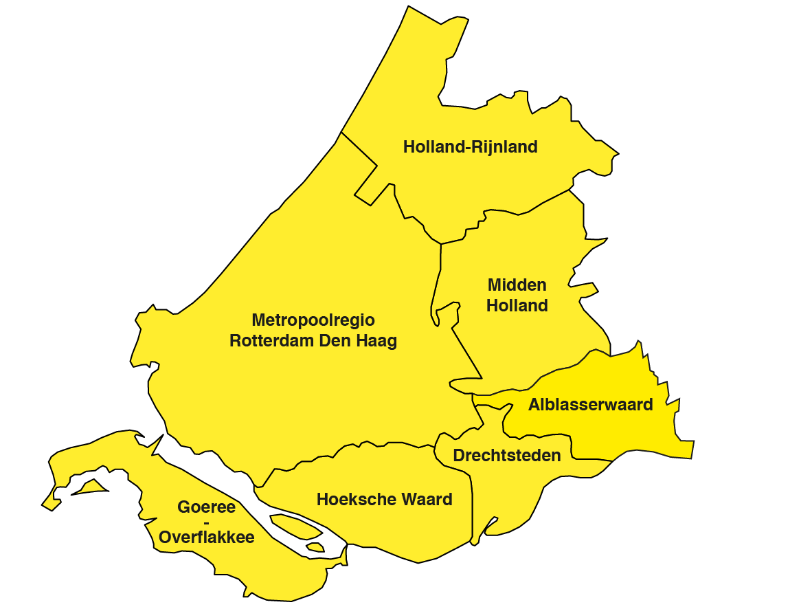 Kaart met alle regio's binnen Zuid-Holland